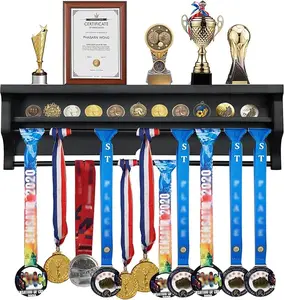 CRDC Solid Wood Medal Hook Display Stand, Wall Mounted Medal Stand Display Stand, Suitable for Runners, Marathons, Competition Winners, Football, Gymnastics, and All Sports - Black