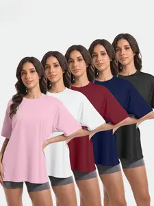 Women's 5-Piece Oversized Short-Sleeve Sports T-Shirt Set, Multi-Color Activewear, Comfortable Athletic Apparel for Gym & Home, T Shirts for Women, Oversized Tshirt,summerwins
