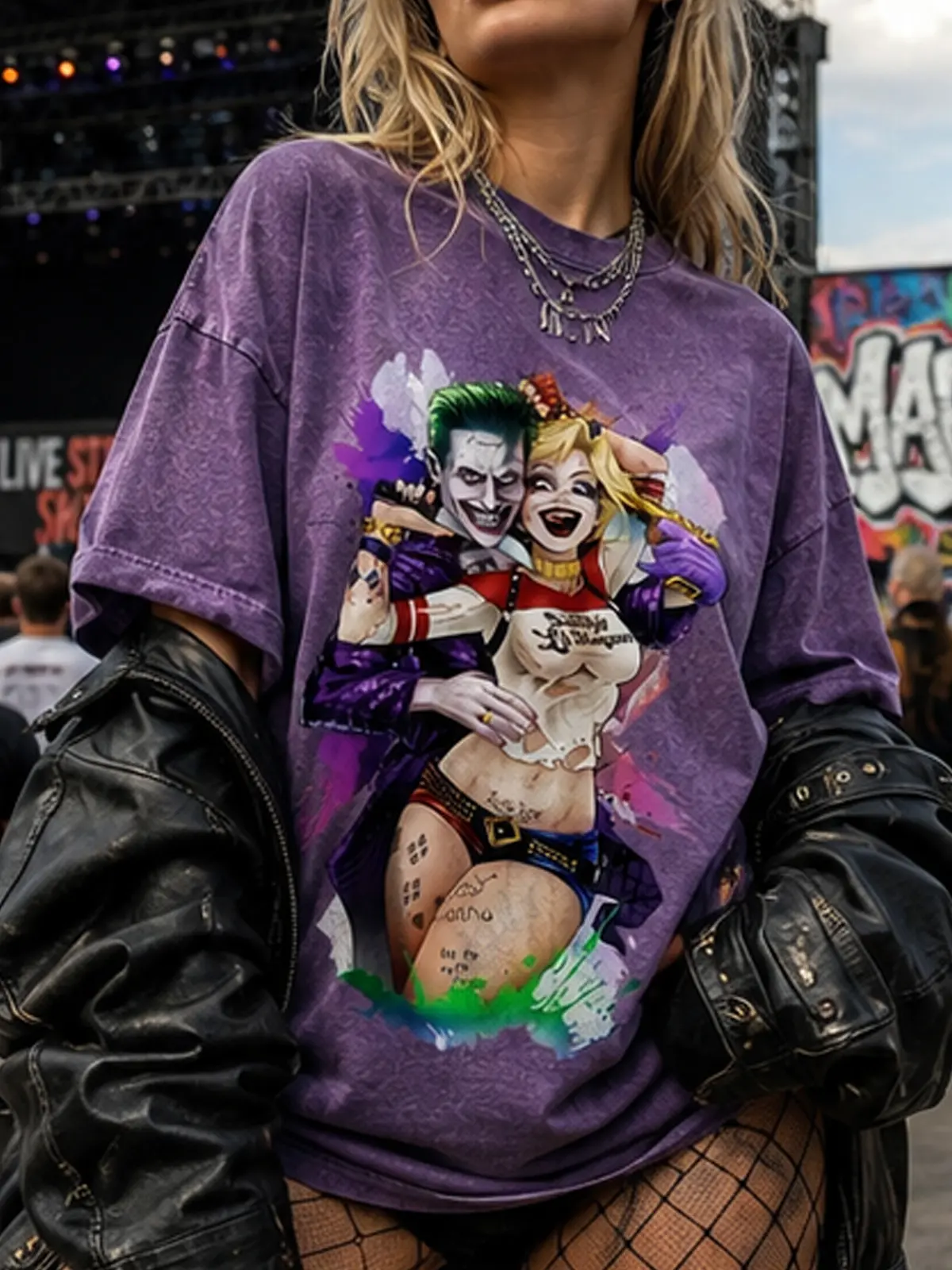 Justice League Comics Joker&Harley Quinn retro washed pattern women's Unisex T-shirt oversized cotton street T-shirt, gifts, parties, festivals campingessentials