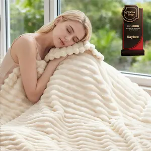 Raybee Cozy Soft Blanket Queen Size - Faux Rabbit Fur Striped Throw Blankets for Couch, Travel,Office,Courtyard,Home Bedroom Decor Plush Outdoorfun,Flannel Throw Blanket,Perfect Gift Ideal