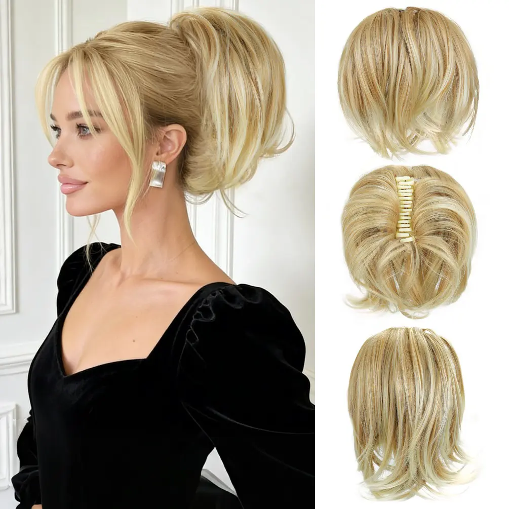 YEAME Female Claw Clip Hair Extension, 9-in Natural Fluffy Synthetic Lightweight Hairpiece, Casual Bendable Messy Bun with Gradient Highlights, Straight Synthetic Hair Hairpieces, Clip Hair Extensions