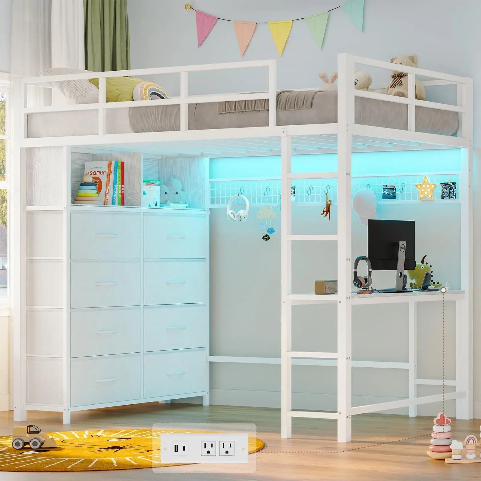 Sikaic Twin Loft Bed with 8 Storage Drawers and Built-In Desk, White Space-Saving Bed Frame with LED Lights and Workspace