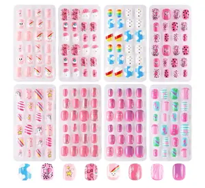192Pc short Press on Nails for Kids,8 Packs Children Stick on Nails Fake Nails for Kid,Pre-glue Full Cover Colorful Unicorn Flamingo Cloud Patterns 7-12 Years Old