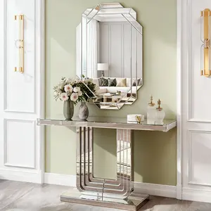 Mirrored Console Table 47 Inch Silver Entryway Table with U Base & Hand-Spliced Line Design Modern Elegance for Living Room Hallway Foyer