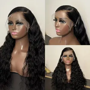 Water Wave Lace Front Wigs Synthetic 13x4 HD Transparent Lace Frontal Loose Curly Wigs for Women 180% Density Glueless Replacement Wigs Pre Plucked Baby Hair Natural Hairline Black Color Hair Suitable for Daily Party Wear Begineer Friendly