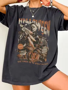 Halloween Michael Myers T-Shirt, Retro Y2K Horror Movie Style, Casual Fitted Tee with Michael Myers Mask and Knife Print, Perfect for Halloween Parties and Horror Fans