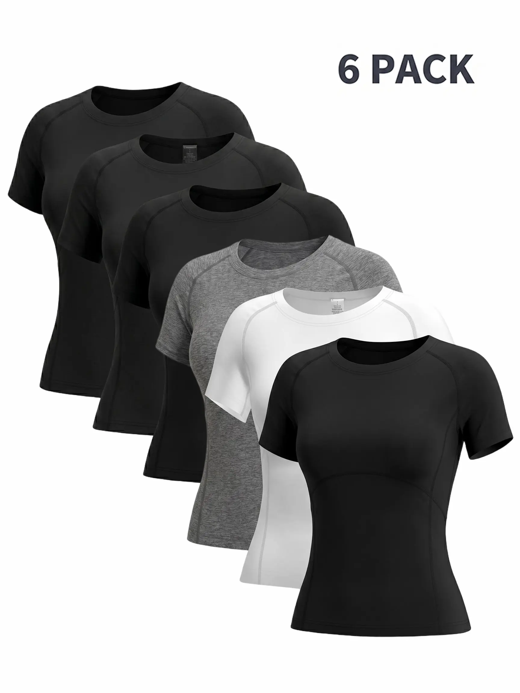 Women Workout Shirts Short Sleeve 6 Pack Athletic Compression Tee Yoga Gym Basic Tops Baselayer Undershirt Sports Gear Black White Grey
