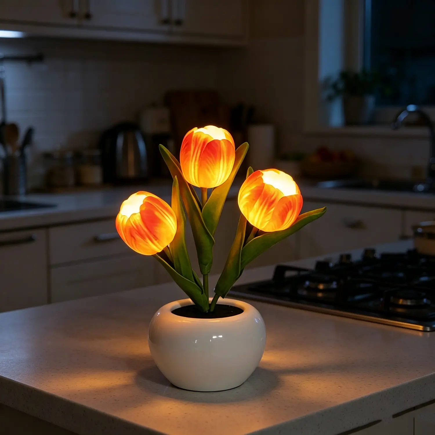 3-Head LED Orange Tulip Bedroom Night Light - Battery-Operated Ceramic Pot Faux Flowers Decor, Warm Ambient Glow Home Decor Lighting, Cozy Indoor Lamp Gift for Women