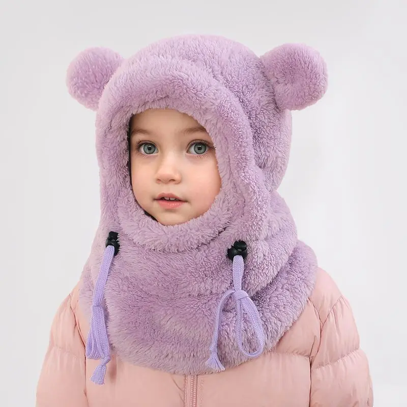Kids Winter Cute Ear Warm Balaclava with Hood - Lightweight Windproof Face Mask for Outdoor Skiing & Cycling, Thickened Polyester, Adjustable Drawstring, Machine Washable, White with Black Accents