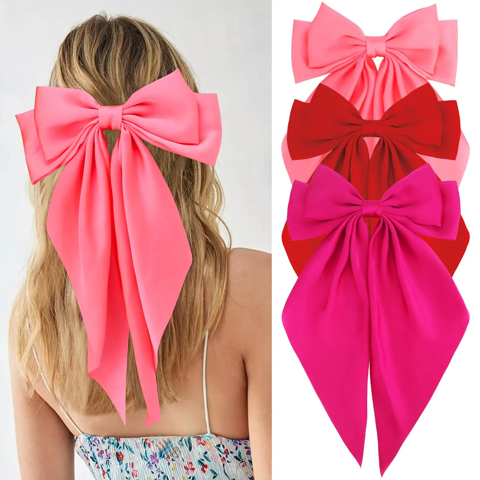 3Pcs Hair Bows for Women Pink Hair Bow Red Hair Bow Rose Red Big  Clips for Girls Silky Satin Large Hair Ribbons Oversized Long Tail  Hair Barrettes Hair Accessories Gifts