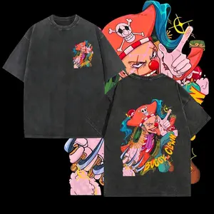 Buggy "The Clown" - One Piece Anime Double Printed Vintage Washed Tee Unisex Oversize Heavyweight Cotton T-shirt for Anime Fans Everyday Streetwear Crewneck