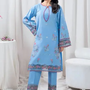 Sky Blue 2pcs Suit Size M with Floral Embroidery and Elegant Design