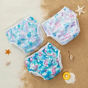 Mermaid Scales & Shell Print Swim Diaper, 3 Counts/set Baby Swimming Diaper, Reusable Swim Pant for Baby Girls, Baby Swimming Accessories