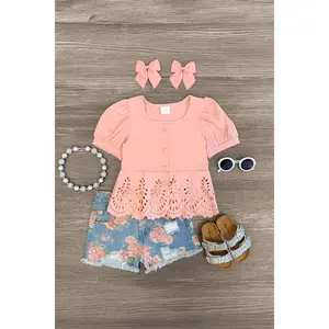 Pink Painted Rose Denim Short Set