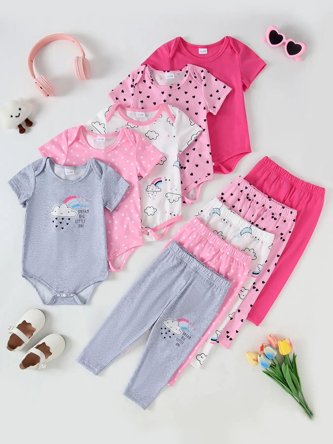 Summer Baby Girls Cartoon Rainbow Cloud Print Jumpsuit Set, Cute Short Sleeve Peter Pan Collar, Casual Fitted Long Pants Combo, Baby Clothes Girl, Baby Clothing