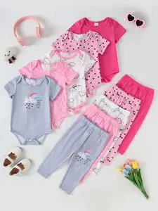 Summer Baby Girls' Cartoon Cloud Print Short Sleeve Triangle Onesies Bodysuit & Casual Long Pants Set, 10-Piece Combo (no Sunglasses)