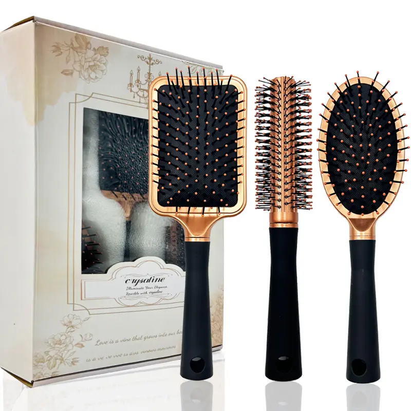 3PCS Gold Cushion Massage Comb Set - Smoothing Hair Brush and Hollow Vent Styling Comb for Hair Care Hair Styling Combs