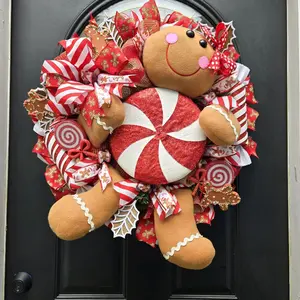 Gingerbread Wreath for Christmas Peppermint Wreath with Festive Candy Cane Design and Gingerbread Man Ornament
