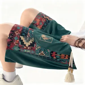 Loose Men's Shorts With Pockets Ethnic Embroidery Graphic Print Casual Drawstring For Summer Fabric Menswear shorts men