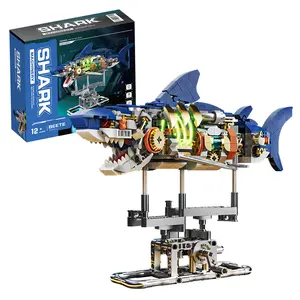 HEGOAI 687 PiecesShark Sea Creatures Building Set, Marine Animal Building Blocks Toys with Display Stand and Light, STEM Toys for Crossing Sea Lovers