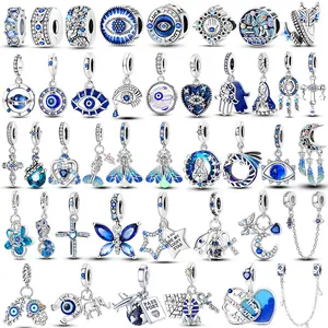 PAMELA 925 Sterling Silver Astronaut Moon Galaxy Charms Blue Zircon Evil Eyes Beads DIY For Original Pendant Bracelet Jewelry
