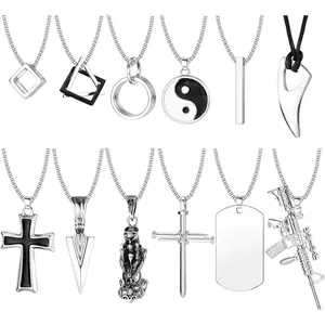 FLORIDECO 12Pcs Men's Stainless Steel Necklaces Set - Edgy Daily Wear Jewelry with Goth Cross, Dog Tag, Yin Yang, Triangle Pendants, Durable Black Silver Tone Edgy Accessories