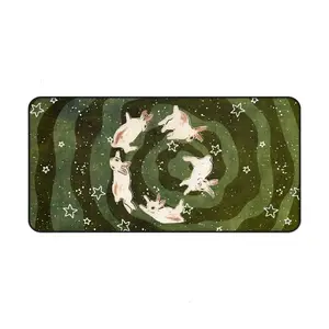 Whimsical Bunny Starry Night Desk Mat Mouse Pad Green Cosmic Spiral Large Gaming Setup Cute Animal Aesthetic Decor