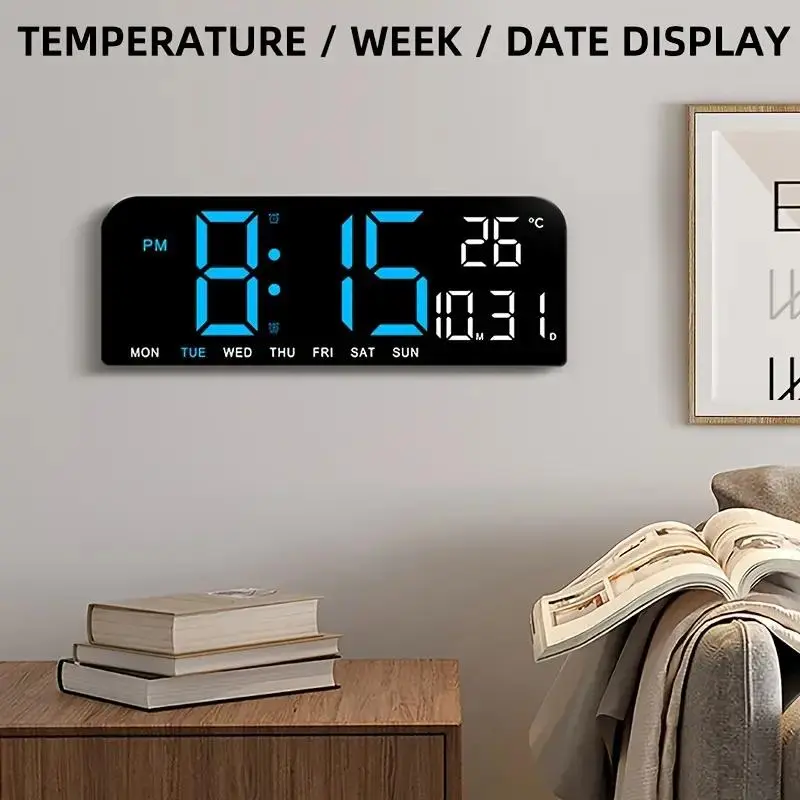 8 Colors Digital Wall Clock, 16.2" Large Digital Clock with Temperature, Date, Auto DST, Night Light, Auto Brightness Dimmer, 24/12-hour Wall Clock for Living Room Office Classroom Gym