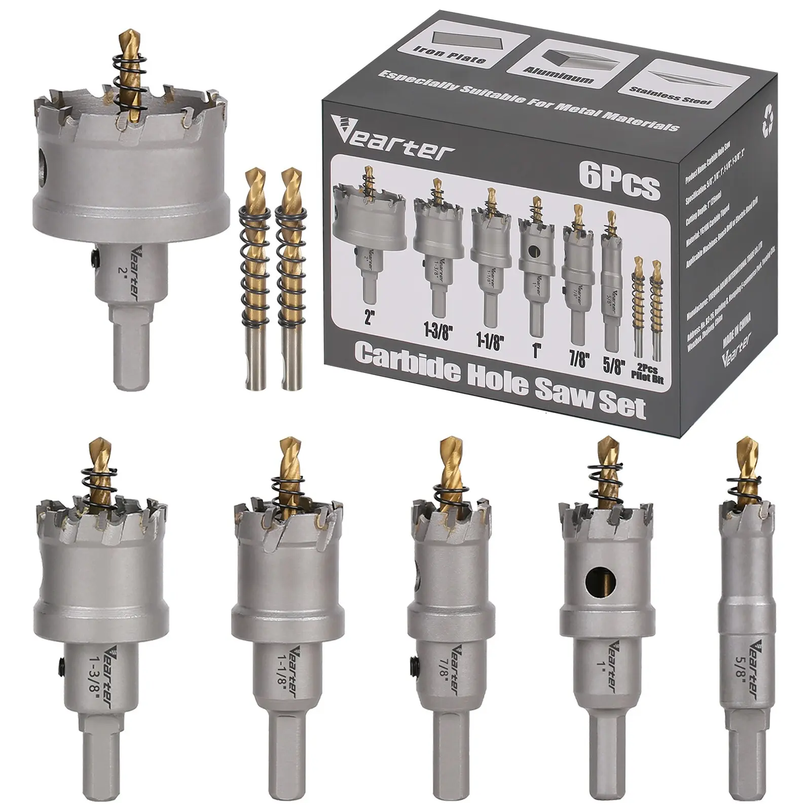 8PCS TCT Hole Saw Kit, 5/8'' to 2'' Carbide Bit Set with Pilot Drill, Holesaw for Hard Metal, Stainless Steel, Iron, Mild Steel, Aluminium, Alloy, Plastic, Fiberglass