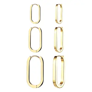 OIDEA 3-Pair 18K Gold Plated Stainless Steel Earrings - Lightweight U-Shaped Oval Huggies, Geometric Minimalist Rectangle Statement Pieces, Gold Earrings, Gold Plated Hoop summerwins,summerwins
