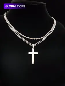 Cross Pendant & Cuban Chain Necklace Set for Men & Women, Cross Necklaces, Cuban Link Necklace, Stainless Steel Jewelry for Party, Daily Clothing Decor, Trendy All-match, Modern Versatile Accessories & Exquisite Jewelry for Birthday Gift