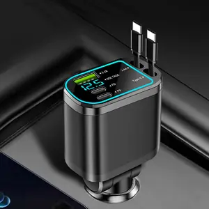Real Time Voltage Detection Car Charger with 2 Retractable Cables, Retractable Car Charger, USB 3.1A Dual Type C USB C Fast Charging, Mobile Phone Charger with Atmosphere Light, Dual Charging Ports, Compact and Handy, Super Fast Charger