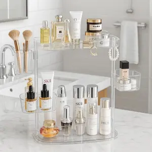 Transparent Acrylic Cosmetic Storage Rack, Multi-Layer Makeup Organizer with Side Pockets, Large Capacity Skincare Holder for Bathroom Vanity Desk