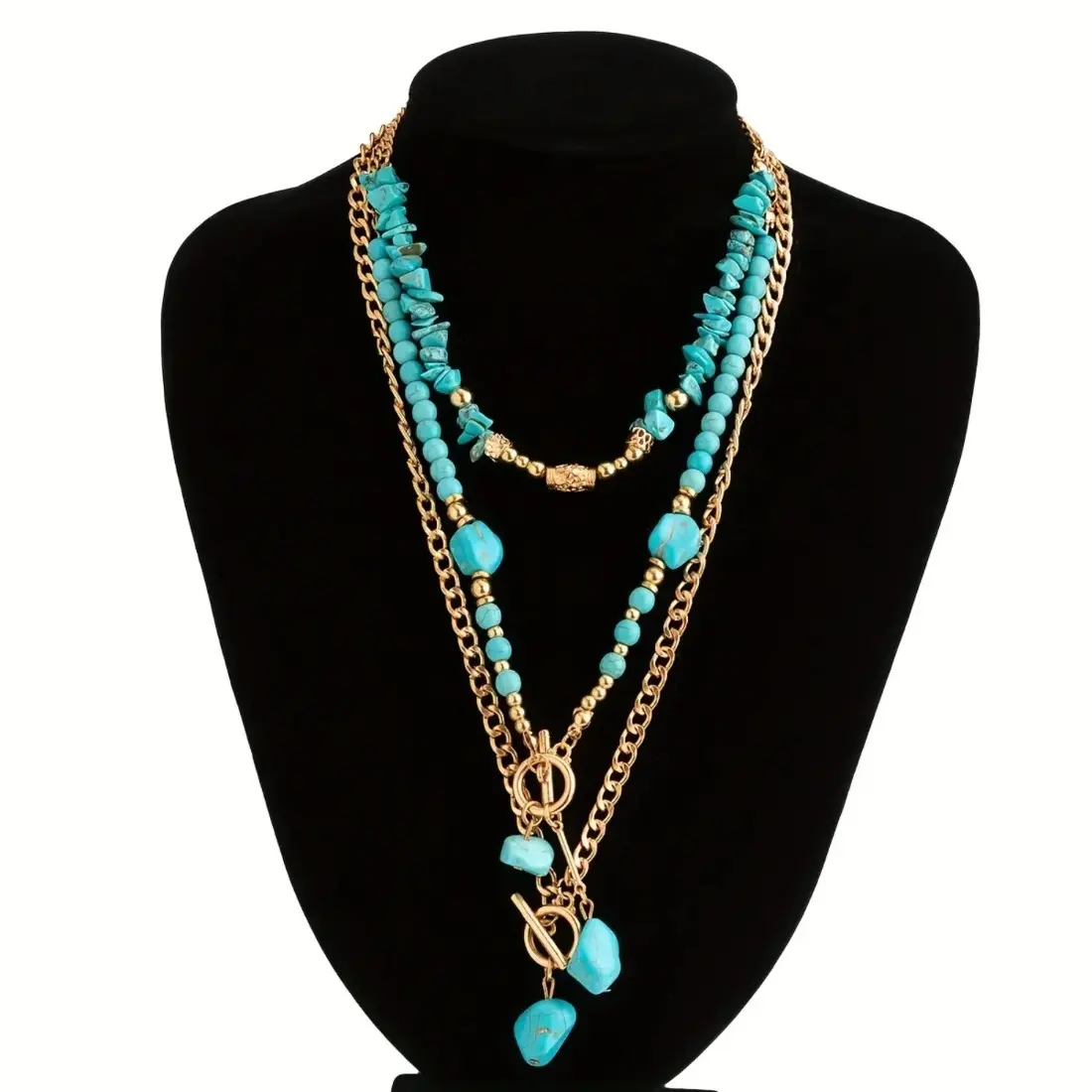 Bohemian Turquoise Layered Necklace Set for Women – 3-Piece Beaded Stacked Jewelry, Trendy Versatile Statement Accessories for Birthdays, Holidays, Parties, Dates, Vacations & Daily Outfits