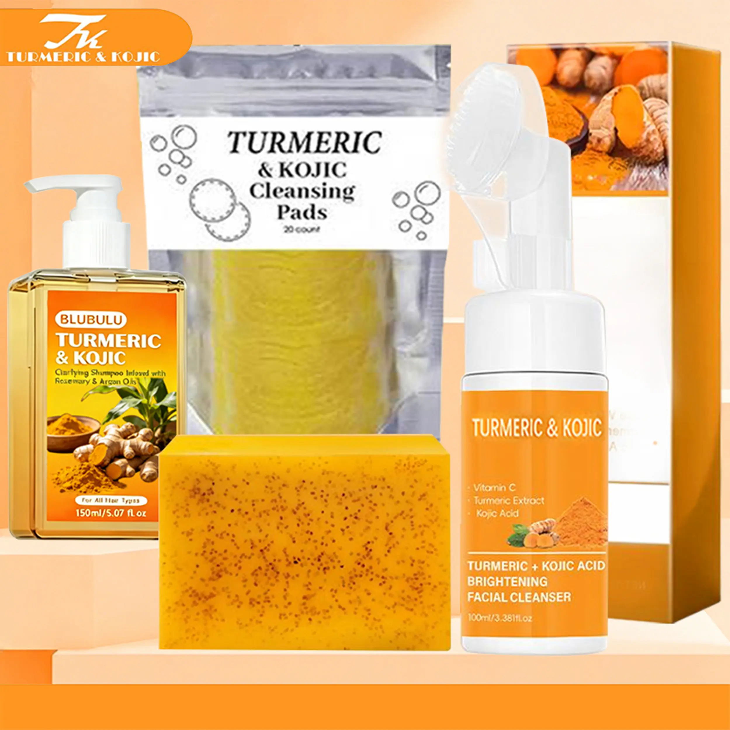 Turmeric Wash and Care Four Piece Set - Turmeric Tablets, Cleansing Mousse, Soap, Shampoo