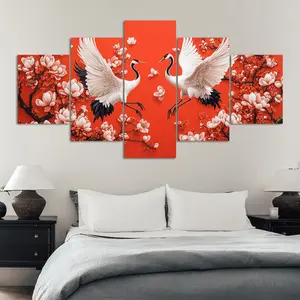 5 Counts Unframed Canvas Poster, Red Crane Magnolia Flowers, Exquisite Poster, Perfect Living Room Decoration, Modern Art, Fashion Family Poster, Wall Art Decoration, Modern Home Decor, Odorless, Waterproof, Artwork