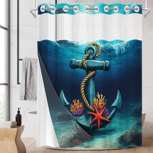 1pc hookless shower curtain with buckle lining, blue and yellow anchor rope starfish and seaweed design 2D flat printing, fabric waterproof lining, see-through double-layer shower curtain, 71 x 74 inches, modern home draping curtain.
