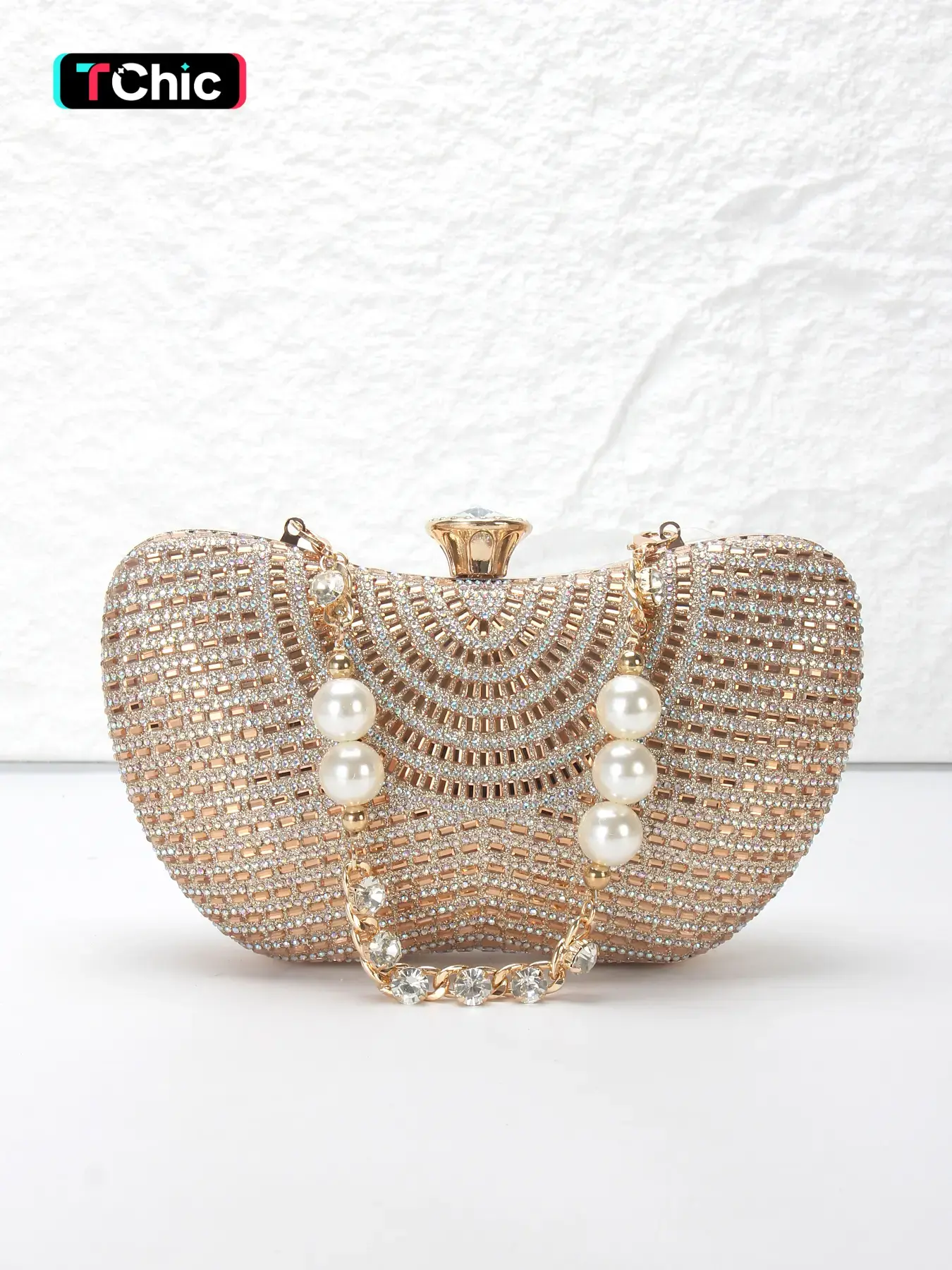 shape full of diamonds women's evening bag, Embellished Clutch, Elegant stylish purse, Evening Chain Purses, with shoulder chain can be replaced crossbody bag, pearl with diamonds bracelet, suitable for weddings, parties, banquets