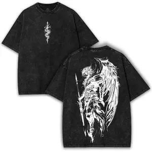Gothic Angel Warrior Graphic Tee: Oversized Heavy Cotton, Vintage Wash