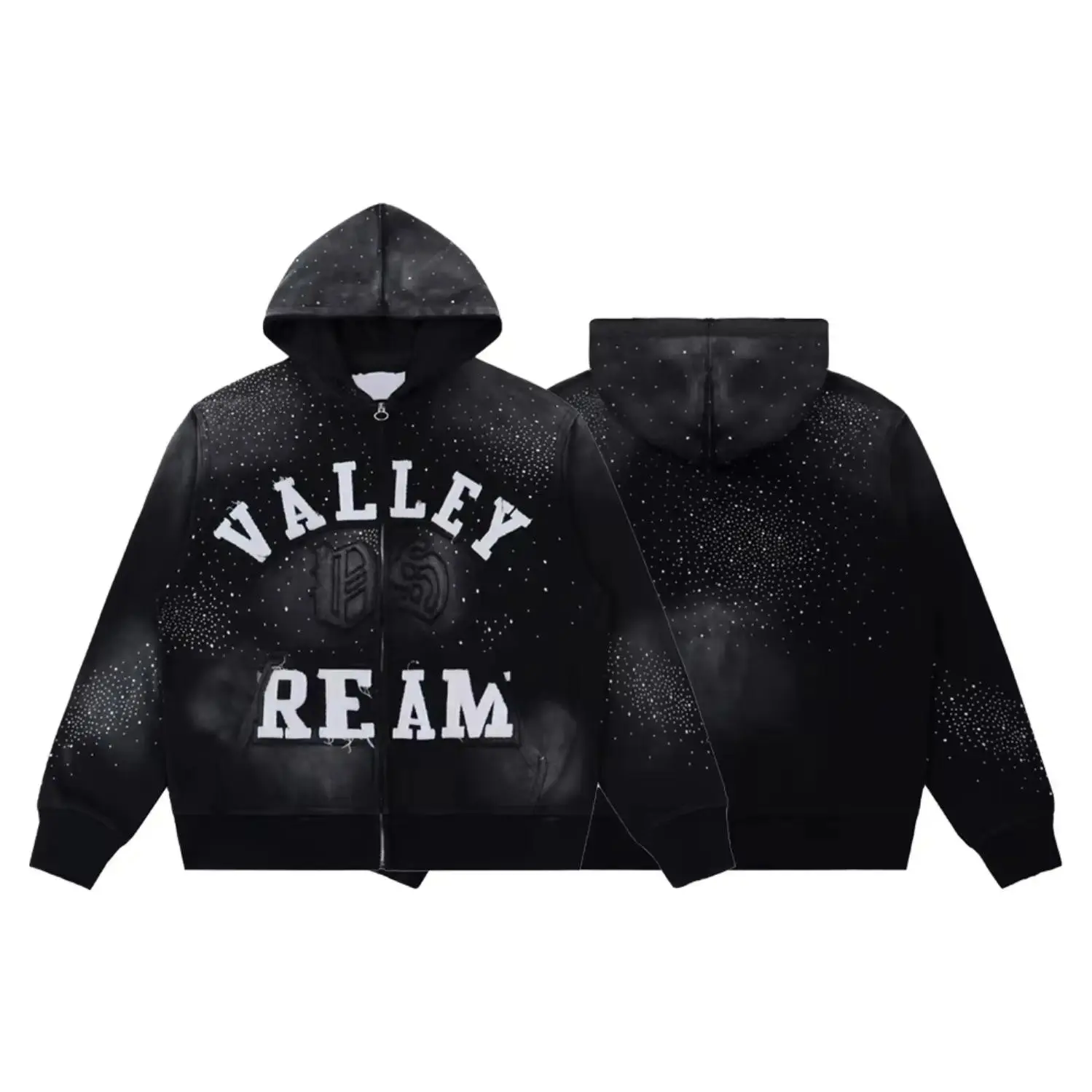VALLEY Y2K Letter Embroidery Rhinestone Zip Up Hoodie 100% Cotton Heavyweight Loose Oversized Distressed Full Zip Hooded Sweatshirt Hip Hop Vintage Casual Streetwear Jacket Top Men Women