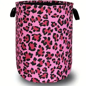 Pink Leopard Print Laundry Basket - Foldable Oxford Cloth Storage Basket with Handle, 18.9" X 16.5", Modern Animal Print Bathroom, Bedroom, Toys and Clothing Organizing Basket, Fashionable Home Accessories, Storage Rack Basket