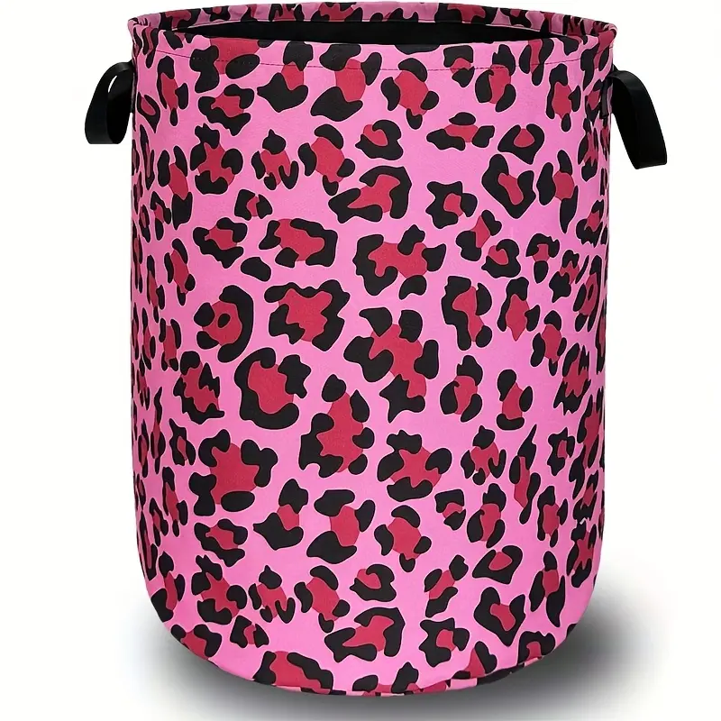 Pink Leopard Print Laundry Basket - Foldable Oxford Cloth Storage Basket with Handle, 18.9" X 16.5", Modern Animal Print Bathroom, Bedroom, Toys and Clothing Organizing Basket, Fashionable Home Accessories, Storage Rack Basket