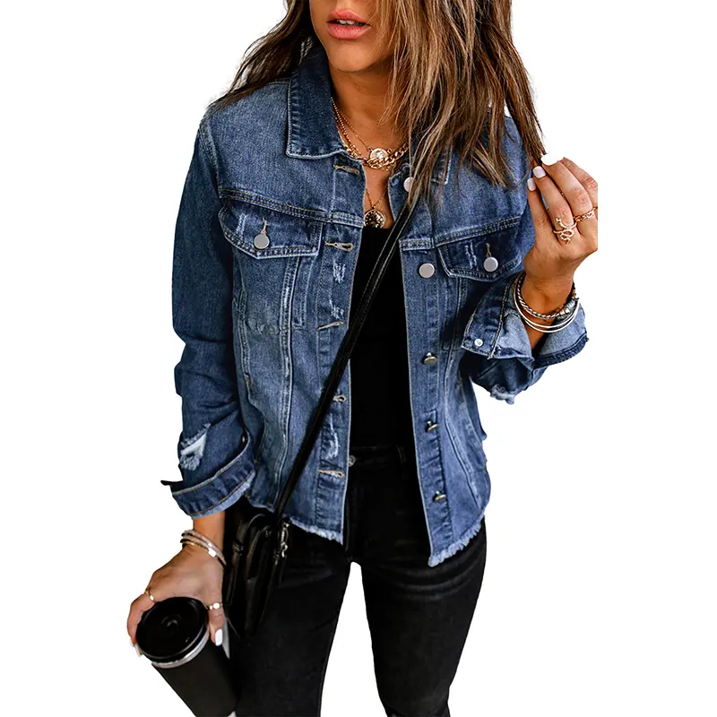 Necooer Y2K Distressed Boyfriend Denim Jacket - Washed Button Up Fall Layering Coat Retro American Chic for Every Outfit Blue Casual Cute Long Sleeve Fabric Fashion winter outfits for women define jacket jacket for women fur coats for women puffer jacket