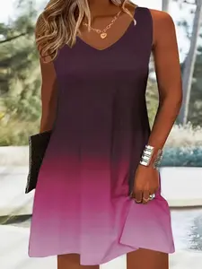 Plus Size V Neck Sleeveless Tank Dress, Gradient Print, Loose Curvy Friendly Flowy Mini Dress