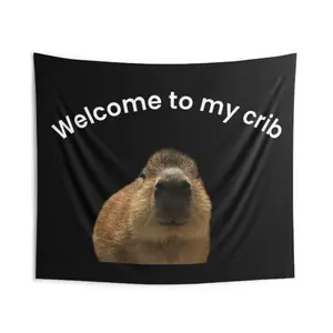 1pc Capybara "Welcome to My Crib" Landscape Graphic Wall Hanging Tapestry - Horizontal, Hand-Sewn, Machine Washable, Soft Neat Stitching, Home Wall Decor