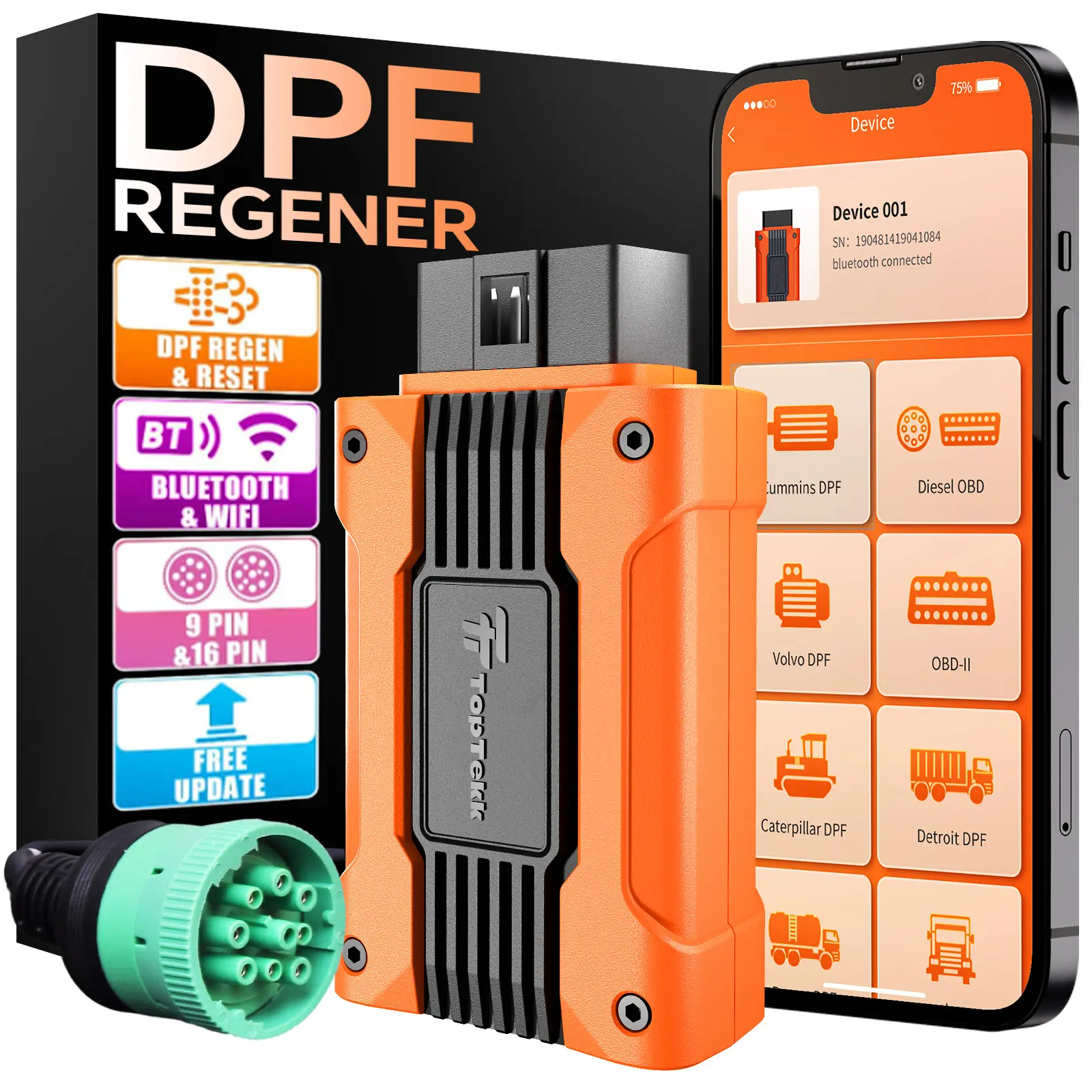 TopTekk Real-Time DPF Regeneration Monitor - OBD2 Scanner Car Scanner DPF Regenerator for Heavy-Duty Trucks, Condition-Based Regen, Reset, Volvo Engine Compatibility, Long-Haul Journeys, Mobile App 1-Click Operation, Vehicle, Automotive Tools