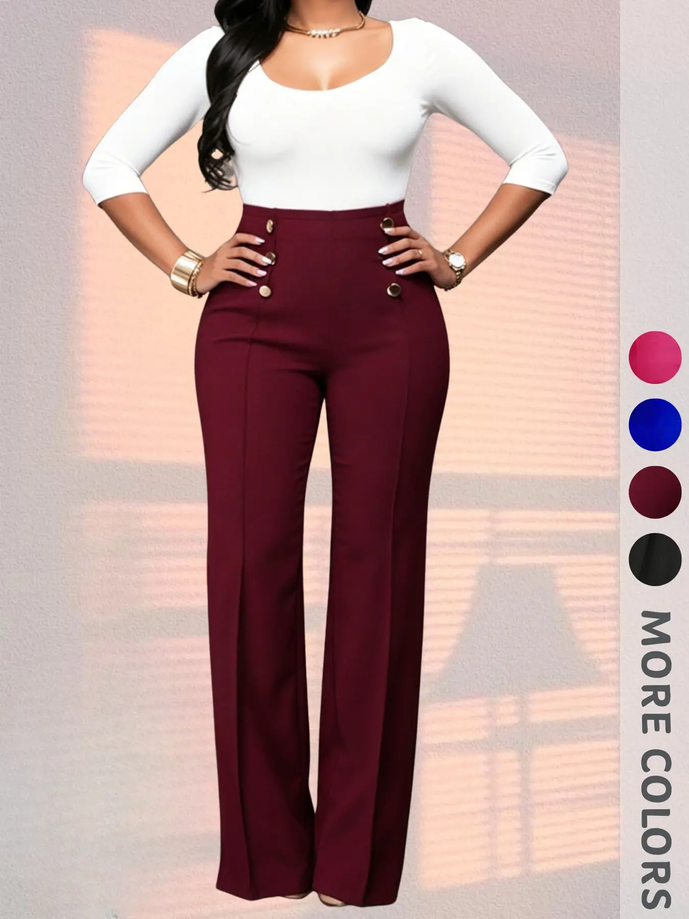New Summer Women's Wide Leg Pants, Trouser, Buttons, High Waist Elastic, Chic Elegant Style, Versatile Long Pants for Office and Dates, Bottoms