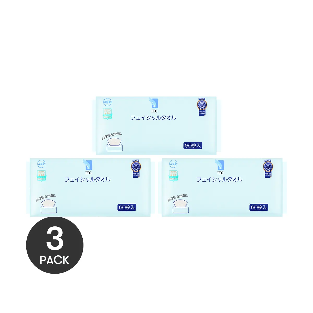 ITO Japan Cotton Facial Tissues - 3 Pack (180 Tissues Total) - Wet & Dry Use, Soft & Absorbent for Face Cleansing, Makeup Removal, Skincare