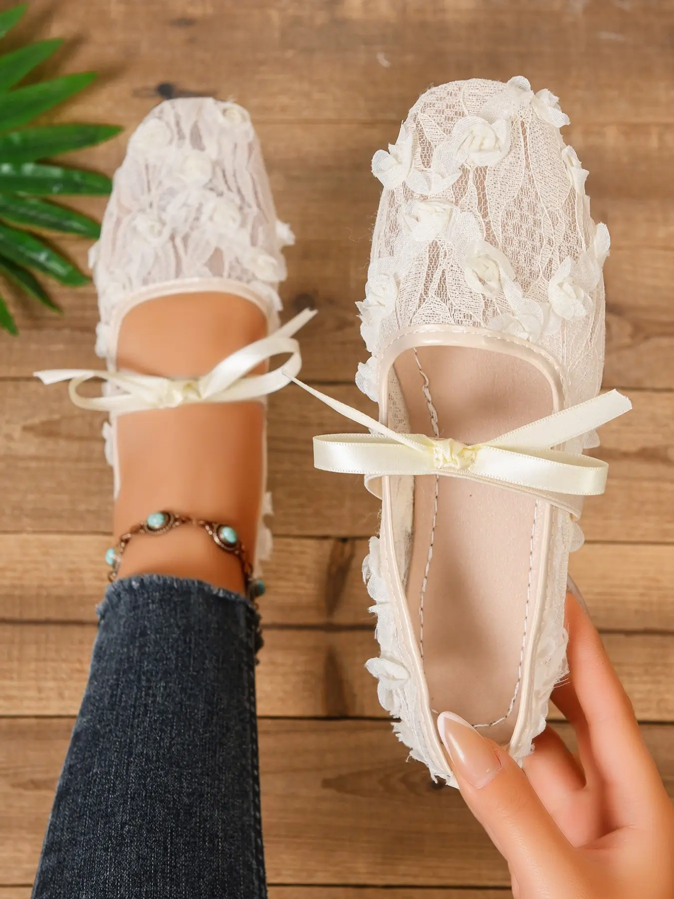 Women's Lace Rose Mary Jane Flat Shoes Wedding Flats, Bow Square Toe Ballet Flats, Elegant Classic Casual Footwear for Daily Wear, Versatile Flat Shoes