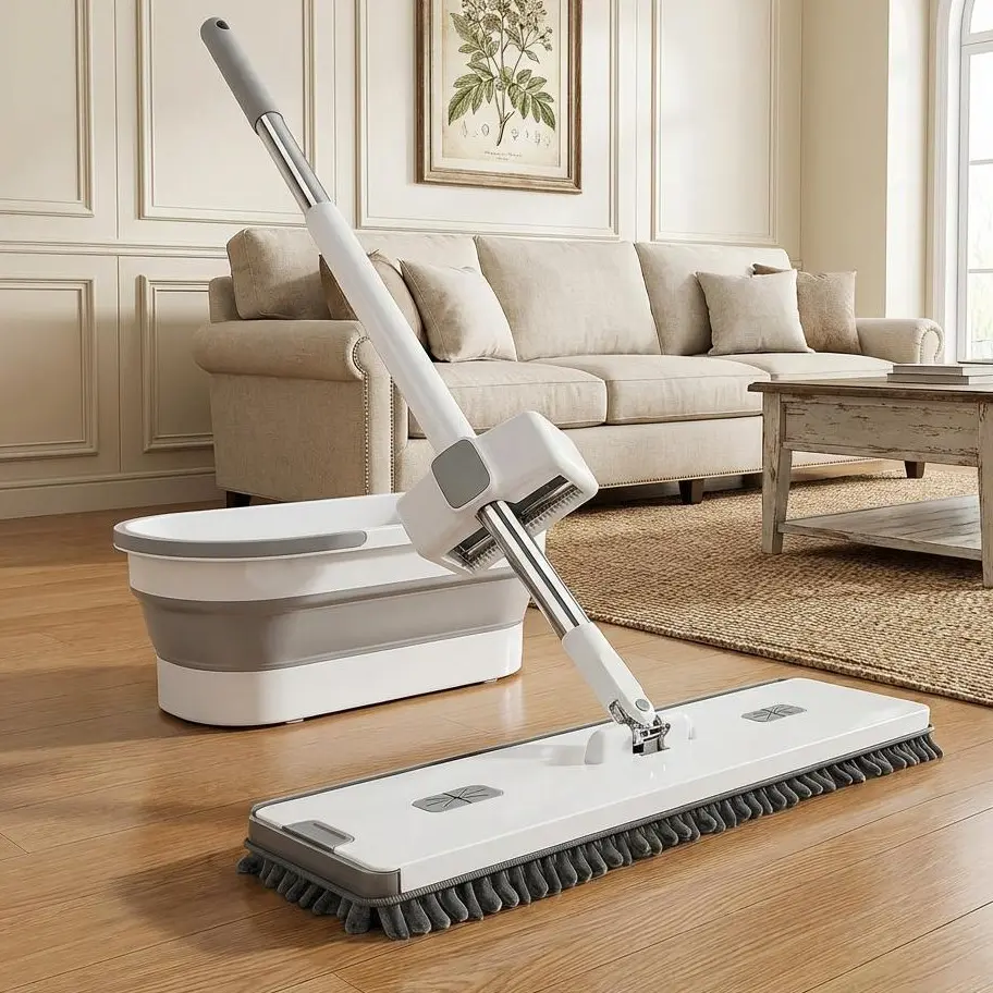 24 in Hands-Free Chenille Flat Mop and Bucket Set, Self-Wringing 360° Rotating Mop for Hardwood, Tile, Kitchen and Bathroom，how to clean raw timber floors，broom，Hands-Free Chenille Mop and Bucket Set,